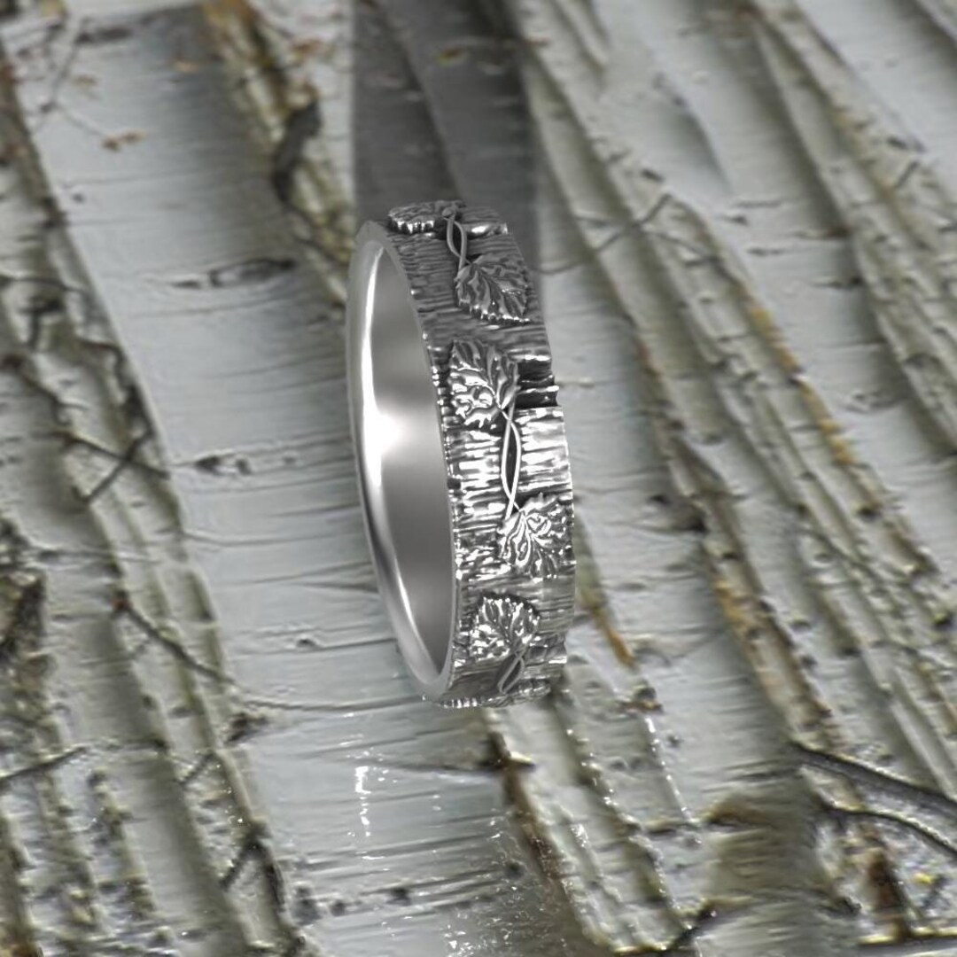 Silver Aspen Leaf Men's Wedding Band - Tree Bark Nature Ring - Branch ...