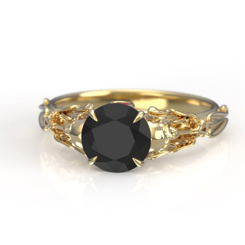 Edwardian 1 carat Skull Engagement Ring Black Moissanite with Lab Ruby Alternative Viking Gothic Engagement Ring image 3