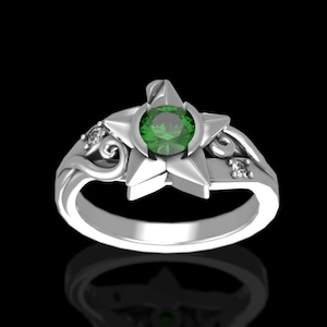 Silver Kingdom Hearts Paopu Fruit Engagement Ring - Wayfinder - With Lab Emerald and Moissanite Accents