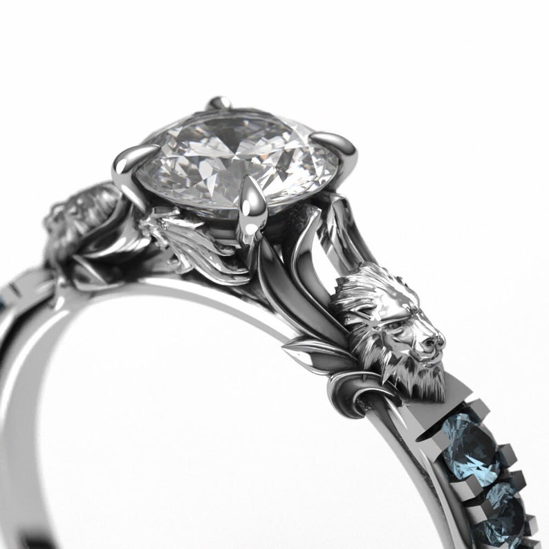 Lion Heart Engagement Ring Featuring Moissanite and Aquamarine Lion Ring in Silver or White Gold image 1