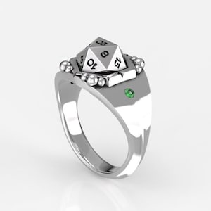 Wide Men&#39;s DnD D20 Silver Signet Ring with Lab Emeralds - Geeky D&D Statement Ring Gift for Him