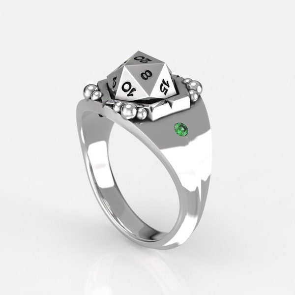 Wide Men's DnD D20 Silver Signet Ring with Lab Emeralds - Geeky D&D Statement Ring Gift for Him