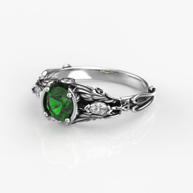 Women's Engagement Ring with 6mm Round Lab Emerald Ladies Fantasy Silver or Gold Engagement Ring Promise Ring image 3