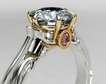 Kingdom Hearts Inspired Keyblade Engagement Ring - Two Tone White and Yellow Gold with Solitaire Moissanite and Pink Sapphire