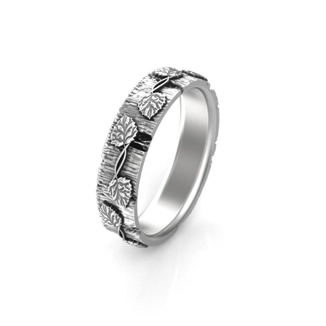 Silver Aspen Leaf Men's Wedding Band - Tree Bark Nature Ring - Branch ...