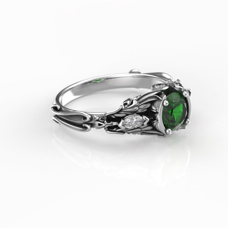 Women's Engagement Ring with 6mm Round Lab Emerald Ladies Fantasy Silver or Gold Engagement Ring Promise Ring image 5