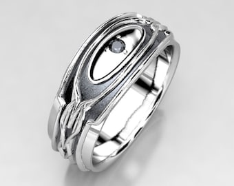 Black Panther Inspired Wakanda Ring- 7mm In Sterling Silver With Black Diamond