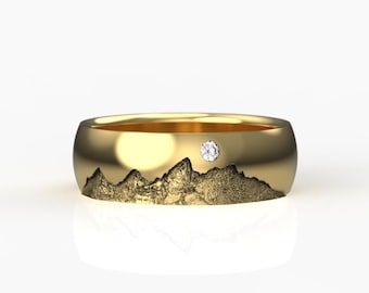 Solid Gold or Silver Grand Teton Mountain Diamond Ring, Wyoming Wedding Band