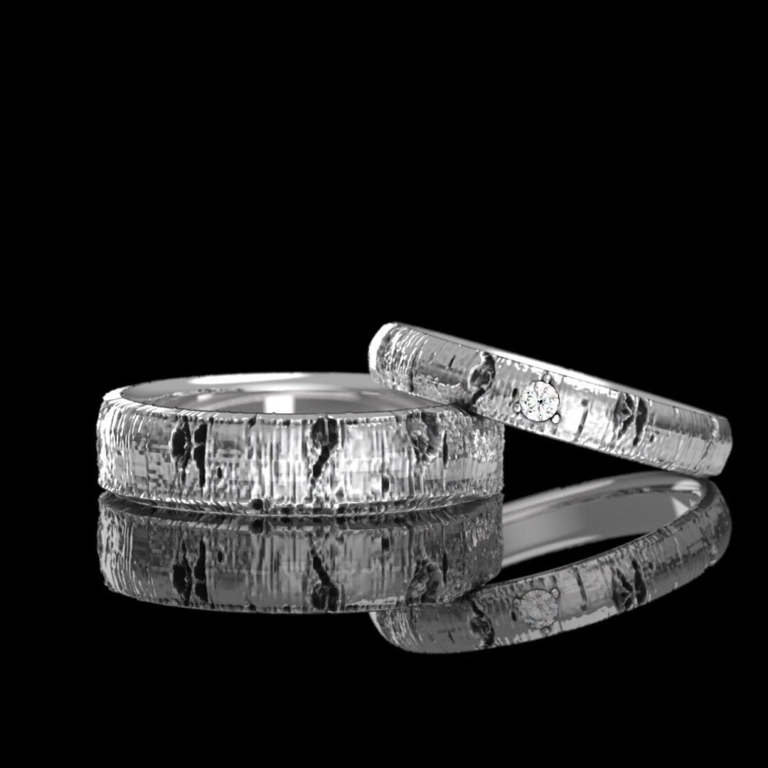 Aspen Tree Bark Sterling Silver Wedding Ring Set – Nature Inspired ...