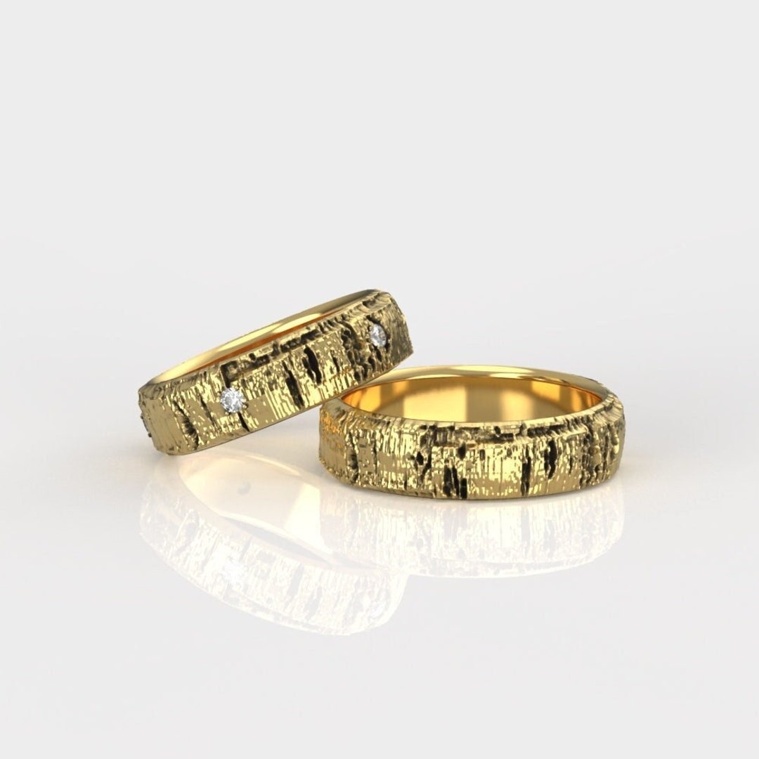 Gold Aspen Bark Wedding Ring Set With Diamonds, Mountain Rings - Etsy