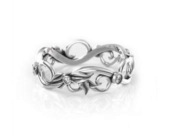 White Gold Diamond Wedding Band – Art Nouveau Leaf Vine Ring
