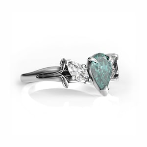 Elvish Engagement Ring with Pear Cut Lab Green Sapphire and Lab Diamonds - Art Nouveau Flower Gold Wedding Ring - Gift for Her