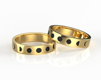 Gold Moon Phase Matching Ring Set - Unique Moon Wedding Bands in Silver or Gold - Anniversary Gift