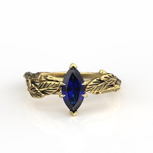 Botanical Leaf Engagement Ring with Marquise Lab Sapphire in Silver or Gold, Lady of the Forest Ring, Fairy Nature Ring, Unique Promise Ring