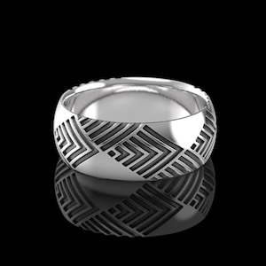 Men&#39;s Silver or Gold Art Deco Wedding Band, 8mm Wide Geometric Ring - Chevron Pattern Ring