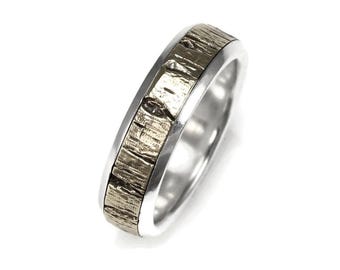 Aspen Bark Wedding Band – Solid Gold Insert, Sterling Silver Ring