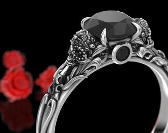 Anillo de calavera de oro blanco con moissanita negra – Filigrana vintage, compromiso gótico del Día de los Muertos