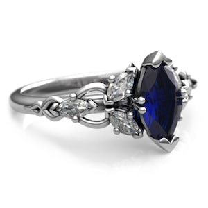 Elvish Engagement Ring with Lab Sapphire - Marquise Cut Fantasy Engagement Ring - Ethereal Cluster Ring