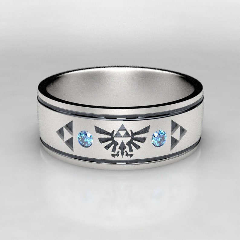 Mens Legend of Zelda Wedding Band with Blue Diamond Hyrule Geeky Ring image 1