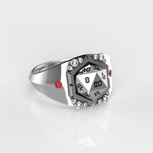 Wide Men&#39;s DnD D20 Silver Signet Ring with Lab Ruby - Nerdy D&D Statement Ring -  Gift for Him