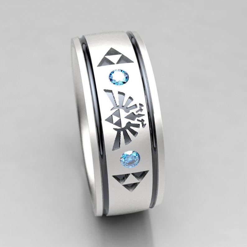 Mens Legend of Zelda Wedding Band with Blue Diamond Hyrule Geeky Ring image 4