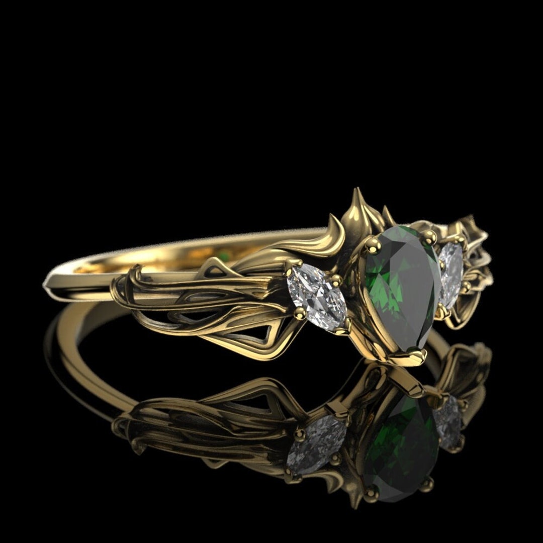 Elven Crown Fairy Engagement Ring With Pear Cut Lab Emerald Art Nouveau