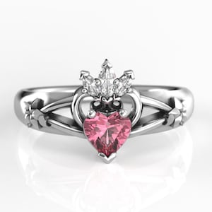Inspired by Kingdom Hearts Engagement Ring in silver or gold - Heart Shaped Lab Pink Sapphire Geek Wedding Ring