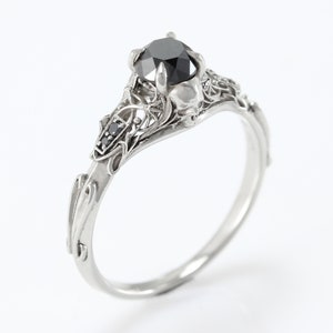 Black Diamond Skull Engagement Ring in Gold - Art Nouveau Alternative Gothic Engagement Ring