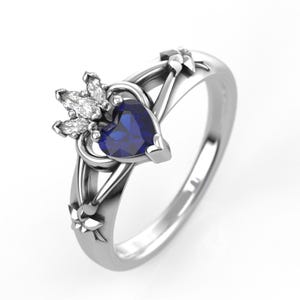 Inspired by Kingdom Hearts Engagement Ring in silver or gold - Heart Shaped Lab Sapphire Geek Wedding Ring