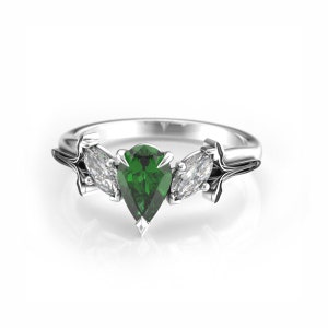 Elvish 3 stone Engagement Ring with Pear Cut Lab Emerald and Moissanite - Art Nouveau Fantasy Flower Gold Ring - Gift for Her