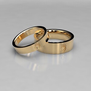 Matching Bear Paw Print Yellow Gold Wedding Ring Set in Gold, Palladium ...