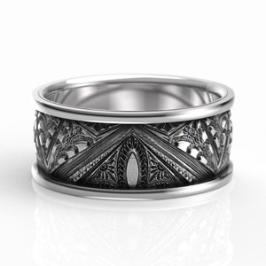 Silver or Gold Men&#39;s Lasalle-Wacker Art Deco Wedding Band, Geometric 9mm Wide Ring