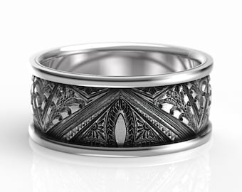 アールデコ調の彫刻が施されたスターリングシルバーの結婚指輪、幅8mm
