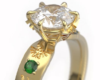Geeky 6 Claw Fantasy Ring - Zelda Inspired Ring with certified 1 Carat Moissanite and Lab Emerald