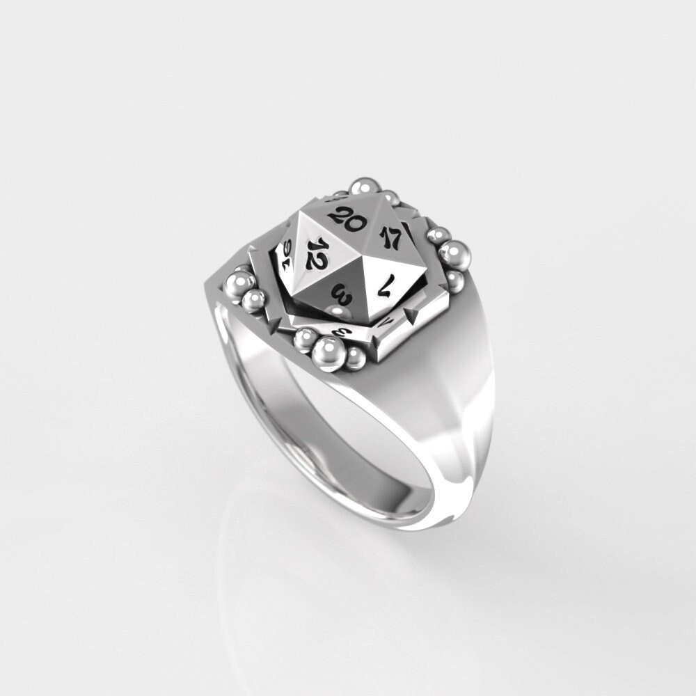 Wide Men's Dnd D20 Silver Signet Ring - Geeky D&D Statement Ring