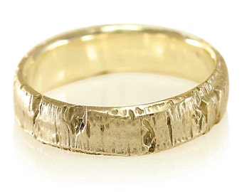 Aspen Tree Bark Branch Ring - Yellow Gold Unisex Twig Wedding Band - Anniversary Gift for Him or Her