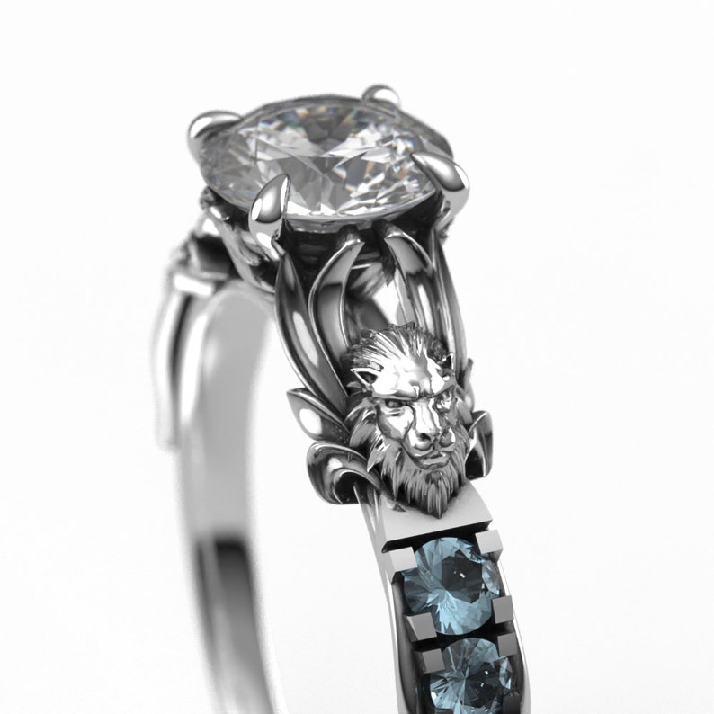 Lion Heart Engagement Ring Featuring Moissanite and Aquamarine Lion Ring in Silver or White Gold image 3