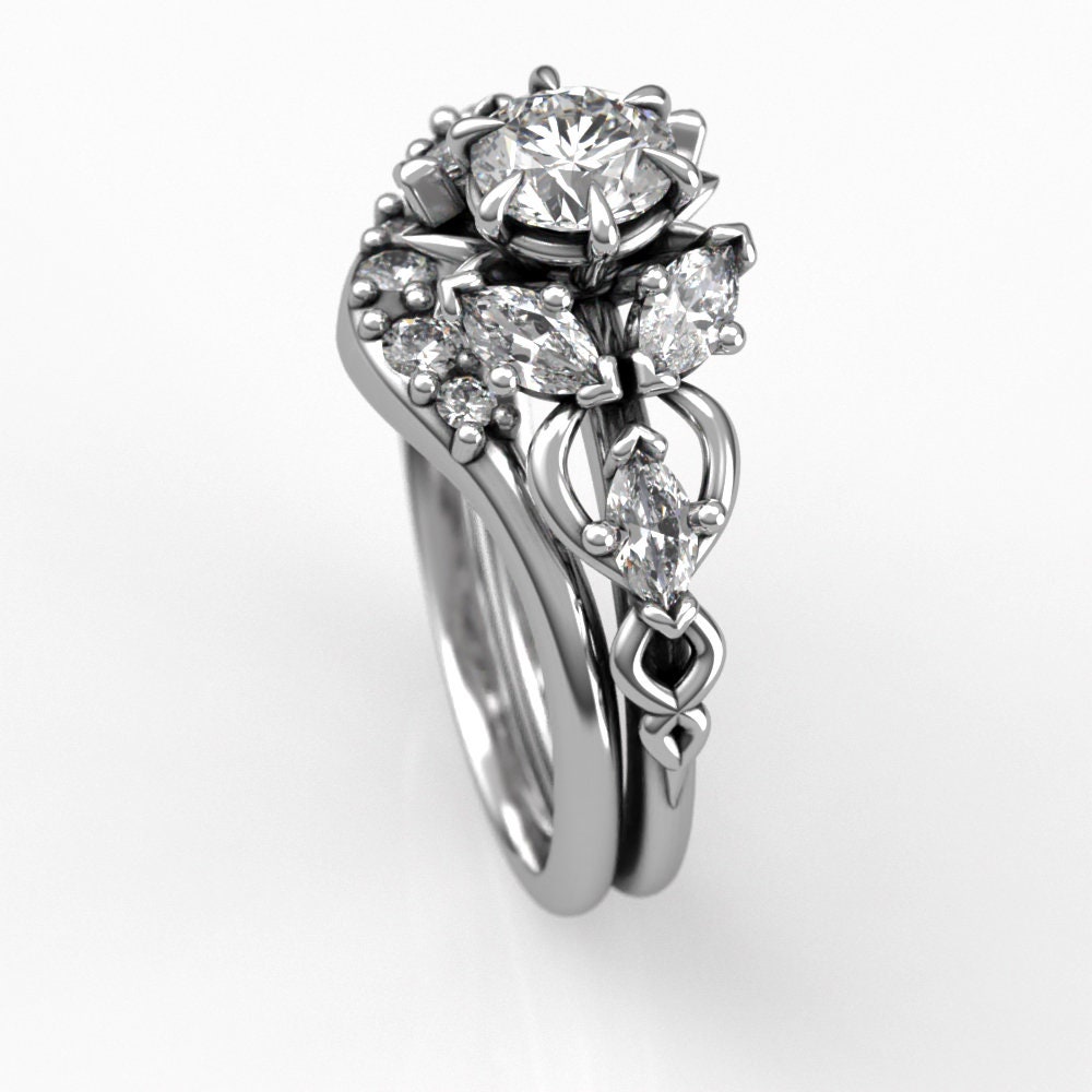 Elvish Wedding Ring Set - Elven Fantasy Engagement Ring for Her - Art ...