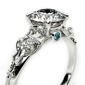 Paladin's Grace - Final Fantasy Inspired Engagement Ring- 6.5mm Round Moissanite with Blue Diamond