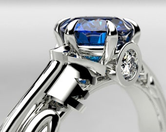 White Gold Women's Kingdom Hearts Keyblade Engagement Ring - with Sapphire and Diamond