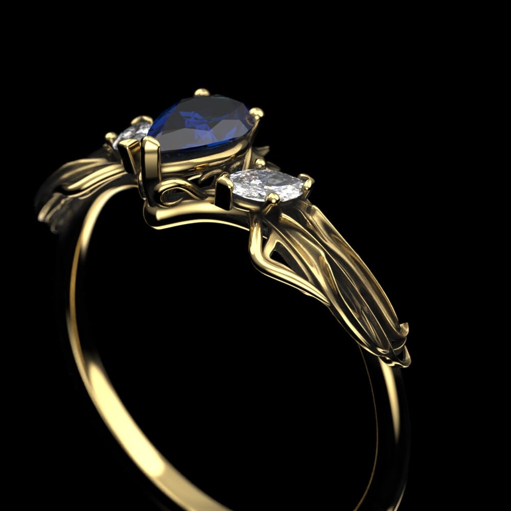 Gold Crown Ring, Pear Lab Sapphire, Art Nouveau Engagement Ring - Etsy