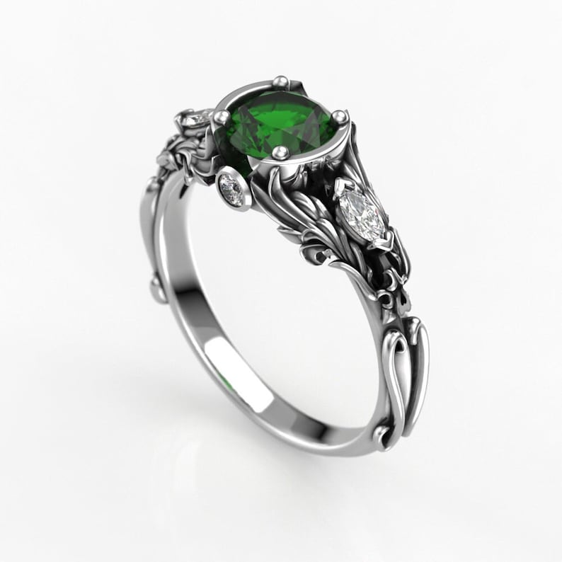 Women's Engagement Ring with 6mm Round Lab Emerald Ladies Fantasy Silver or Gold Engagement Ring Promise Ring image 1