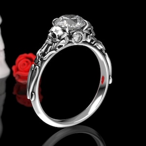 Skull Engagement Ring in Silver or Gold - Edwardian Wedding Ring with Moissanite & Diamonds