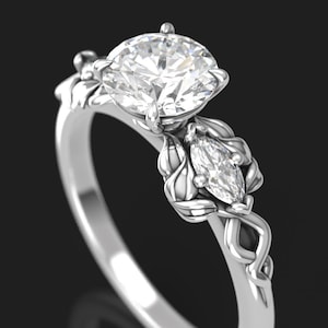 White Gold Fairy Engagement Ring with Moissanite - Fantasy Claw Promise Ring - Elvish Fairy Jewelry