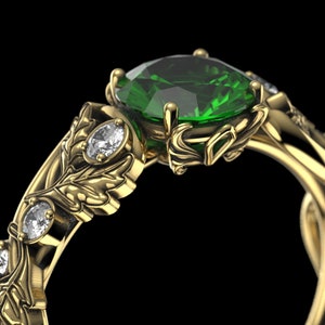Gold Nature Inspired Engagement Ring - Features ~1 Carat Lab Emerald & Diamonds - Art Nouveau Oak Leaf Promise Ring