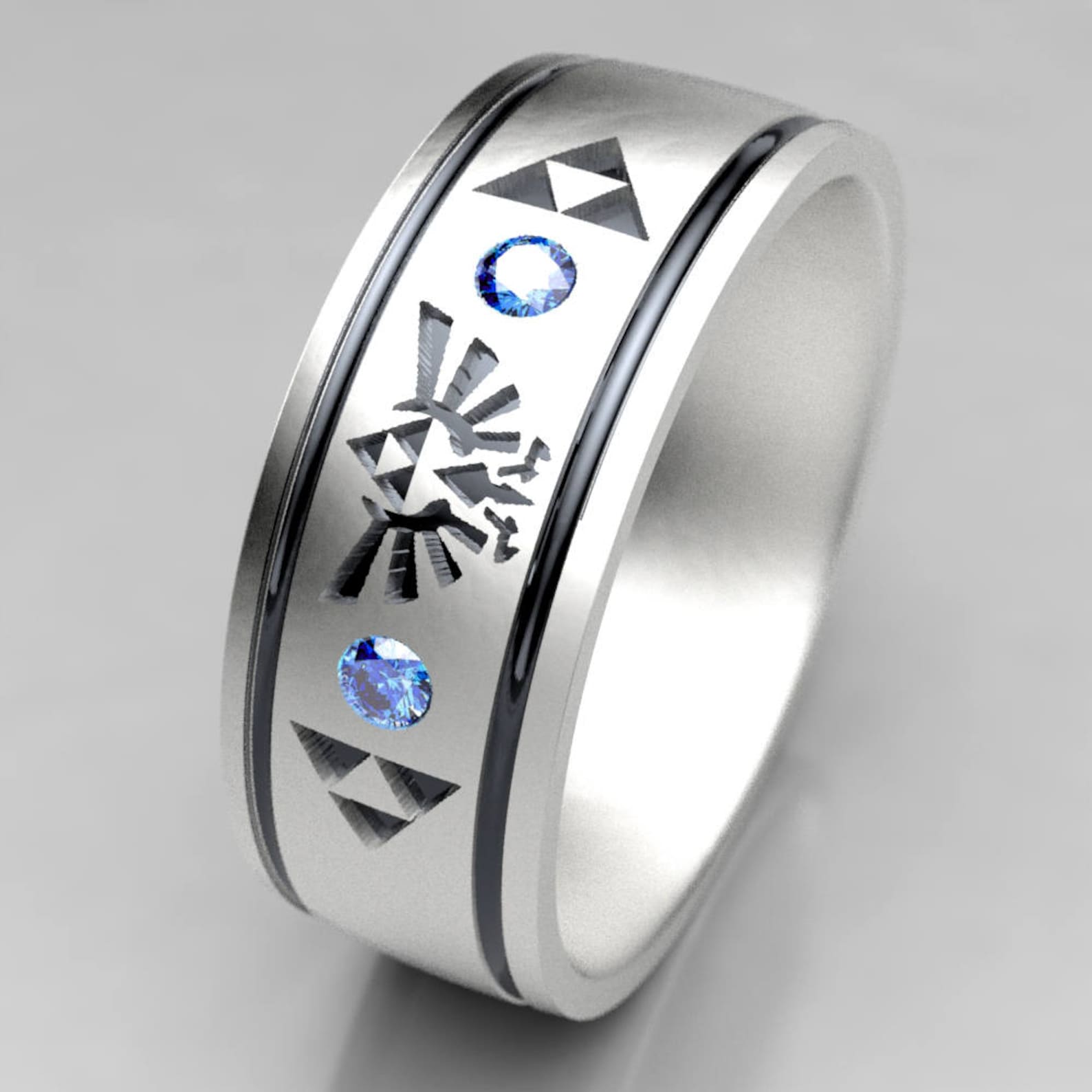 Zelda Inspired Wide Wedding Ring Silver - Triforce Unisex Sapphire ...
