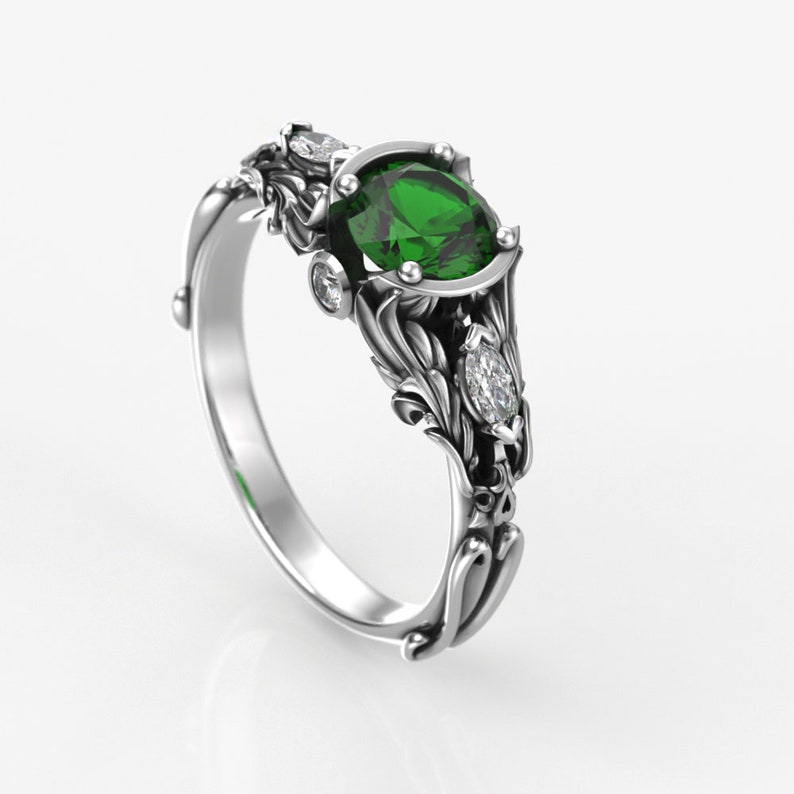 Women's Engagement Ring with 6mm Round Lab Emerald Ladies Fantasy Silver or Gold Engagement Ring Promise Ring image 2