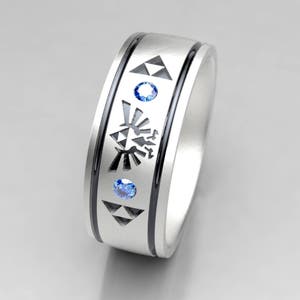 Zelda Inspired Wide Wedding Ring Silver - Triforce Unisex Sapphire Wedding Band