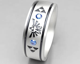 Zelda Inspired Wide Wedding Ring Silver - Triforce Unisex Sapphire Wedding Band