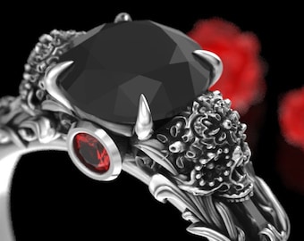 Anillo de compromiso con calavera - Moissanita negra, rubí sintético, Día de Muertos